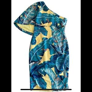 Lavish Alice Palm Print One-shoulder Cape Sheath Dress In Yellow Palm Pr…